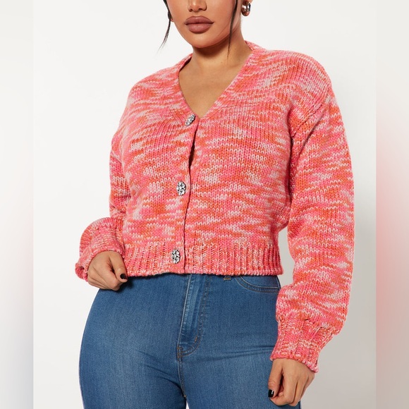 Wild Fable | Chunky Knit Cropped Cardigan with Jewel Buttons Size Large - Picture 1 of 8